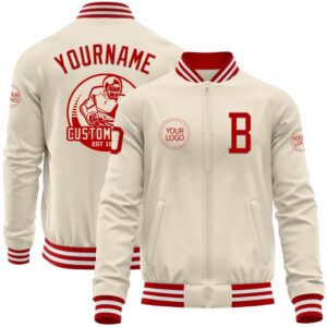 Custom Cream Red White Bomber Varsity Baseball&hellip;