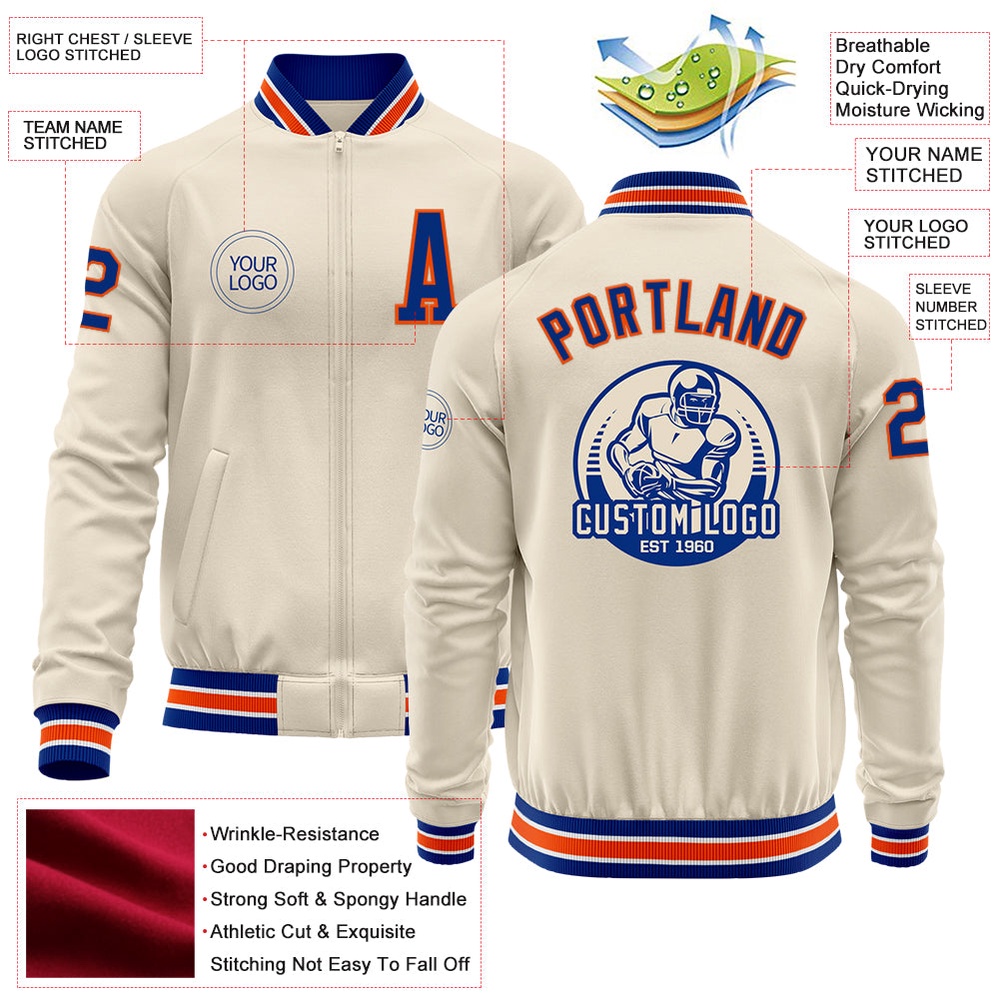 Custom Cream Royal Orange White Bomber Varsity Baseball Jacket, Custom Team Jacket