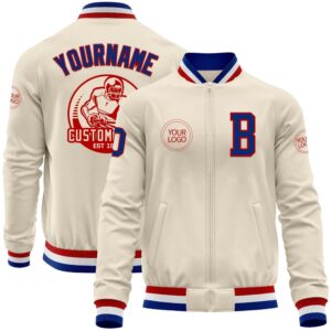 Custom Cream Royal Red White Bomber Varsity&hellip;