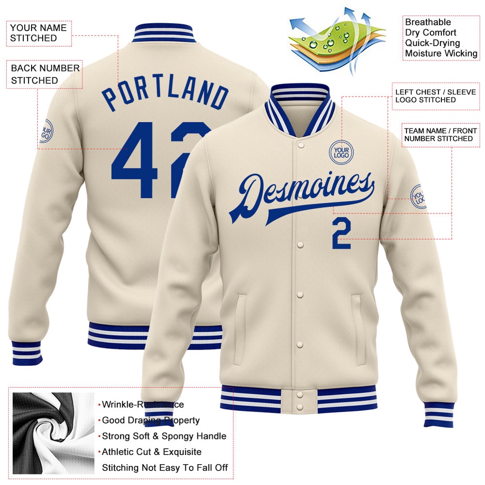 Custom Cream Royal White Bomber Full Snap Baseball Jacket, Custom Team Jacket