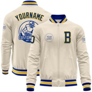 Custom Cream Royal Yellow White Bomber Varsity&hellip;
