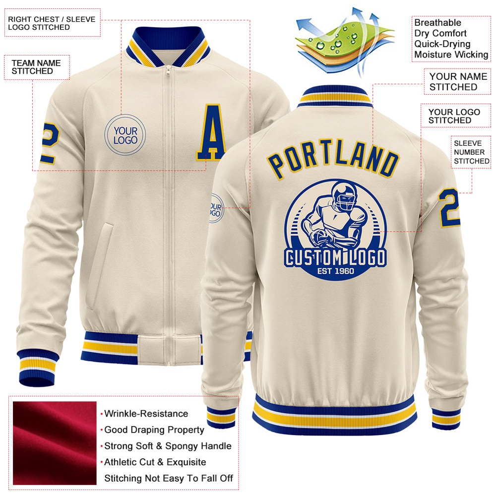 Custom Cream Royal Yellow White Bomber Varsity Baseball Jacket, Custom Team Jacket