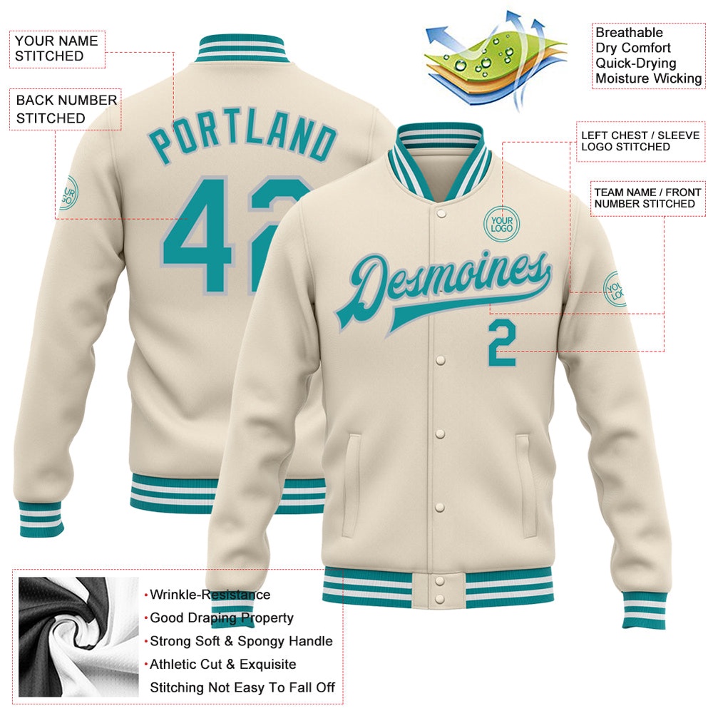 Custom Cream Teal Gray Bomber Full Snap Baseball Jacket, Custom Team Jacket