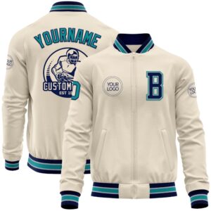 Custom Cream Teal Navy Gray Bomber Varsity&hellip;