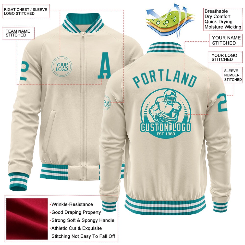 Custom Cream Teal White Bomber Varsity Baseball Jacket, Custom Team Jacket
