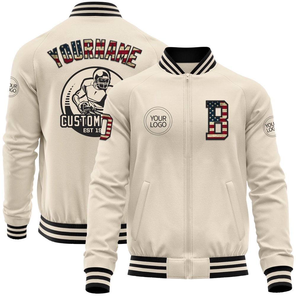 Custom Cream Vintage USA Flag Black Bomber Varsity Baseball Jacket, Custom Team Jacket