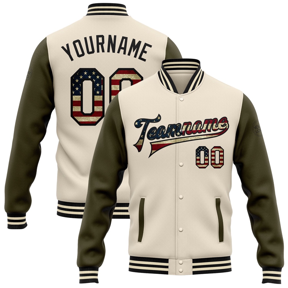 Custom Cream Vintage USA Flag Olive Black Bomber Full Snap Varsity Baseball Jacket, Custom Team Jacket