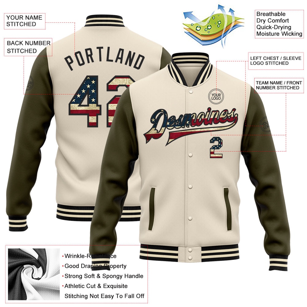 Custom Cream Vintage USA Flag Olive Black Bomber Full Snap Varsity Baseball Jacket, Custom Team Jacket