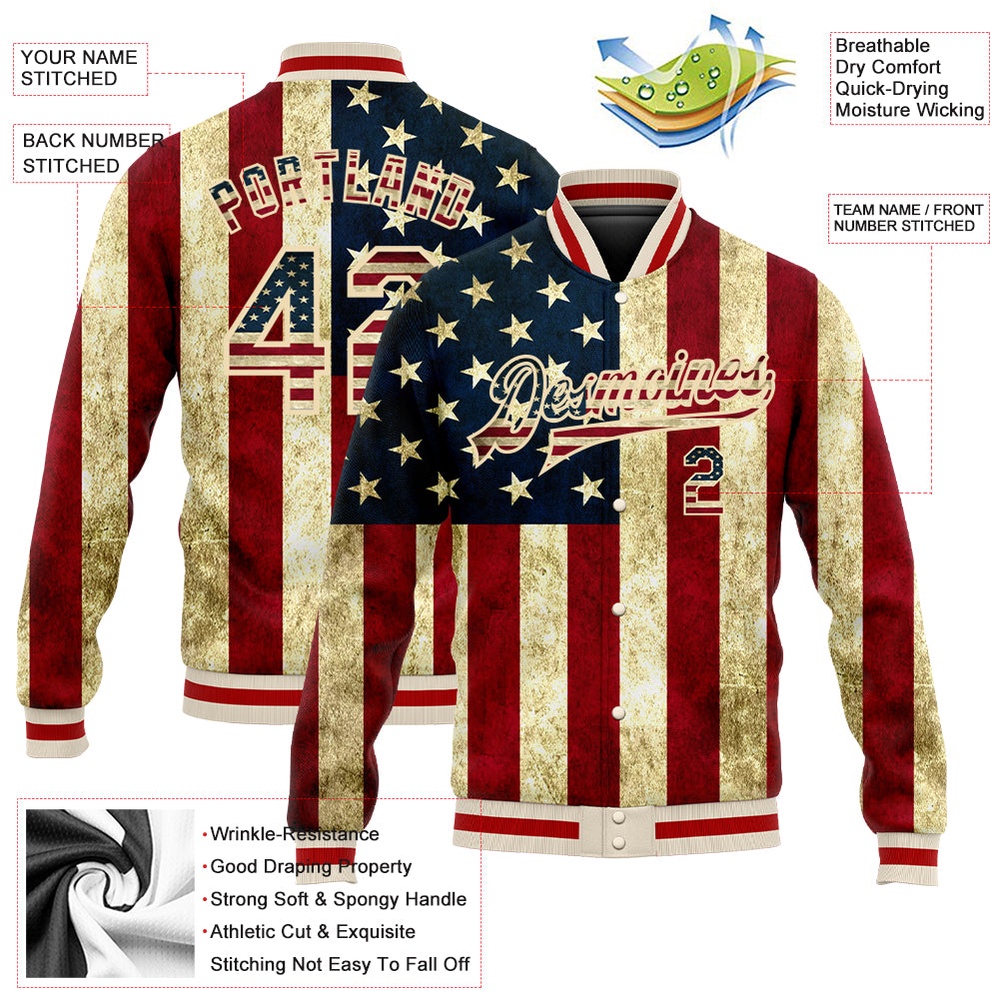 Custom Cream Vintage USA Flag Red American Flag Fashion 3D Bomber Full Snap Baseball Jacket, Custom Team Jacket