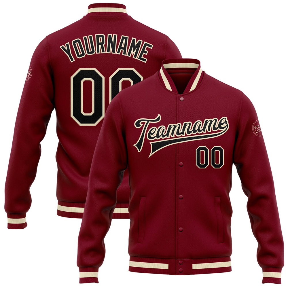 Custom Crimson Black Cream Maroon Bomber Full Snap Baseball Jacket, Custom Team Jacket