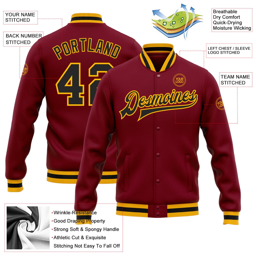 Custom Crimson Black Gold Bomber Full Snap Baseball Jacket, Custom Team Jacket