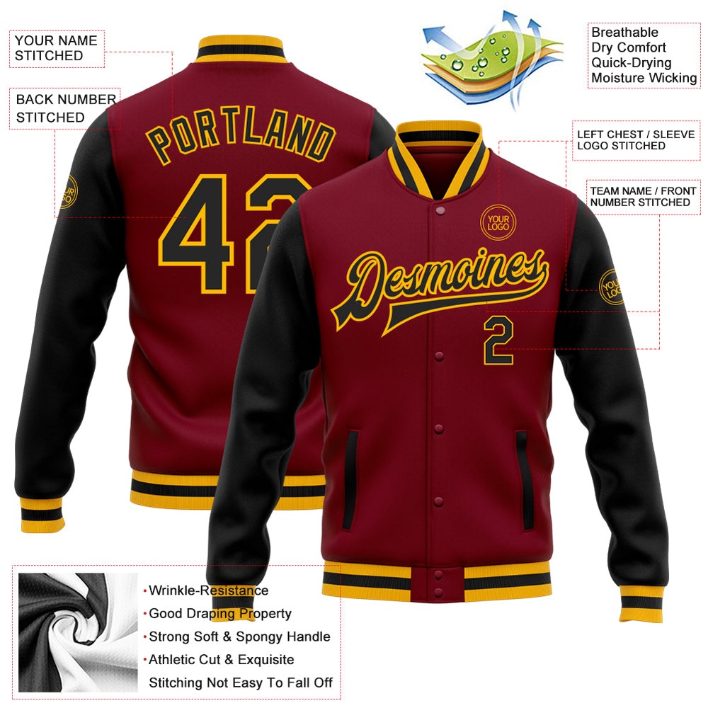 Custom Crimson Black Gold Bomber Full Snap Varsity Baseball Jacket, Custom Team Jacket