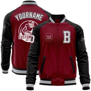 Custom Crimson Black Gray Bomber Varsity Baseball&hellip;