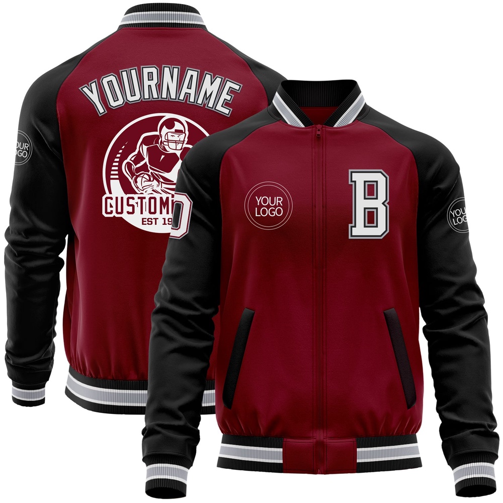 Custom Crimson Black Gray Bomber Varsity Baseball Jacket, Custom Team Jacket