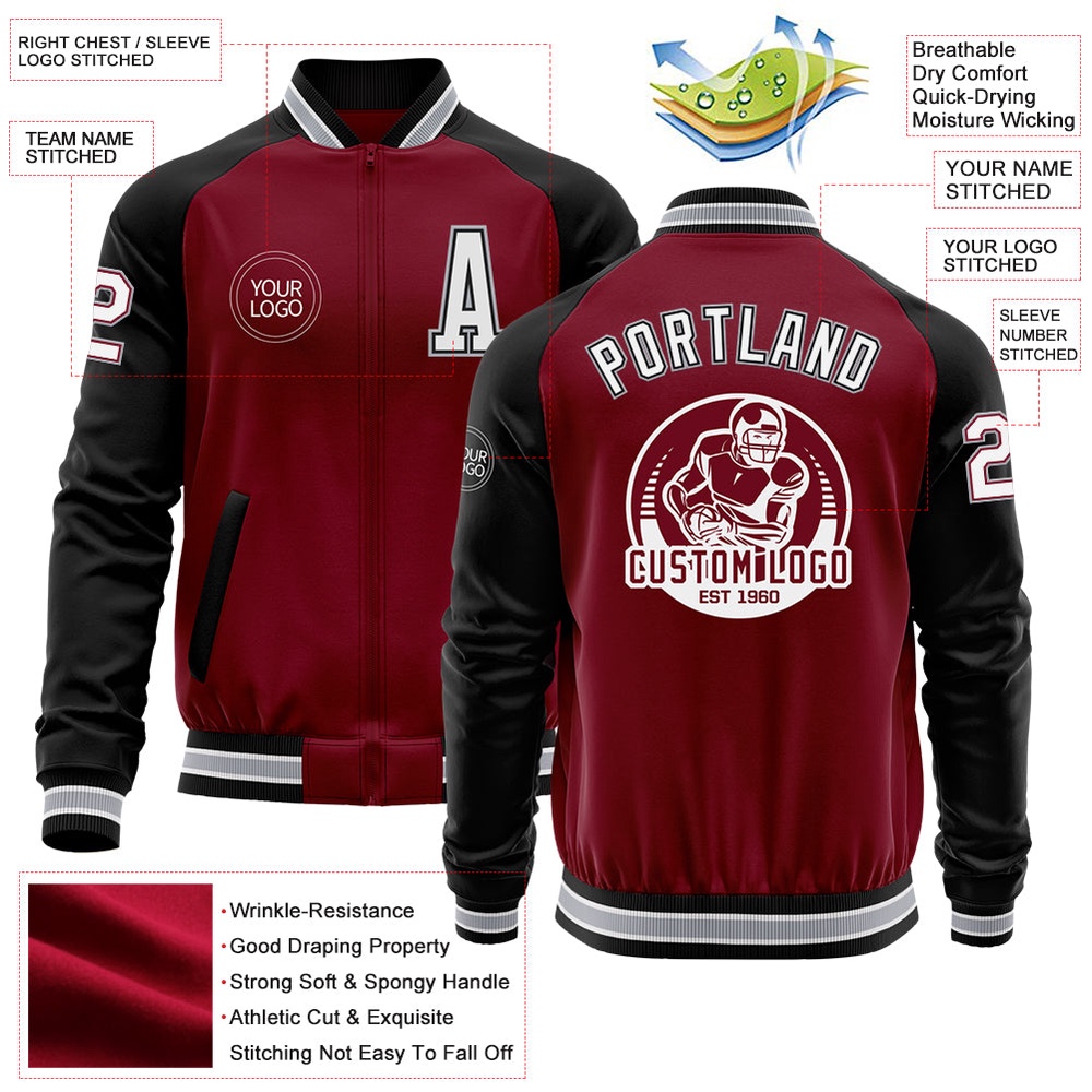 Custom Crimson Black Gray Bomber Varsity Baseball Jacket, Custom Team Jacket