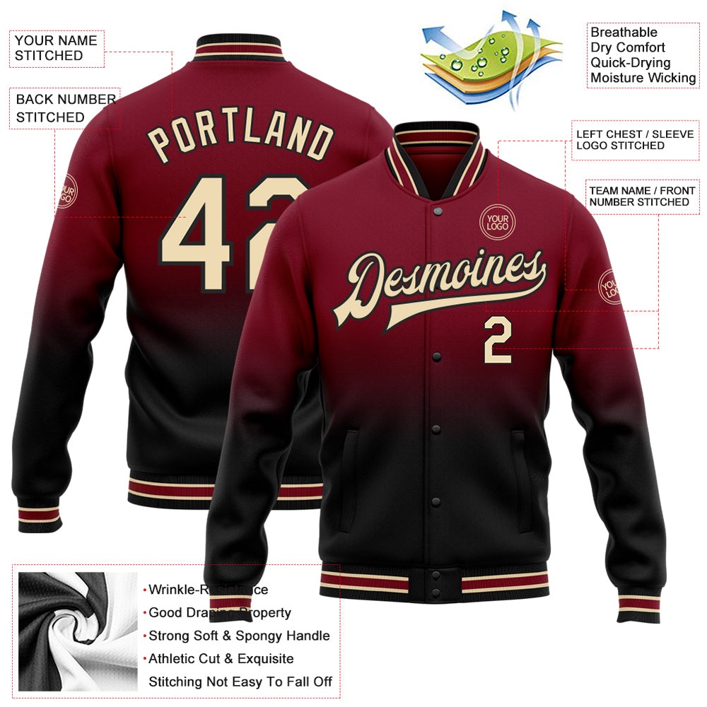 Custom Crimson City Cream Black Bomber Full Snap Baseball Jacket, Custom Team Jacket