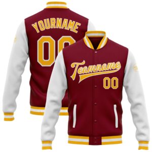 Custom Crimson Gold White Bomber Full Snap&hellip;