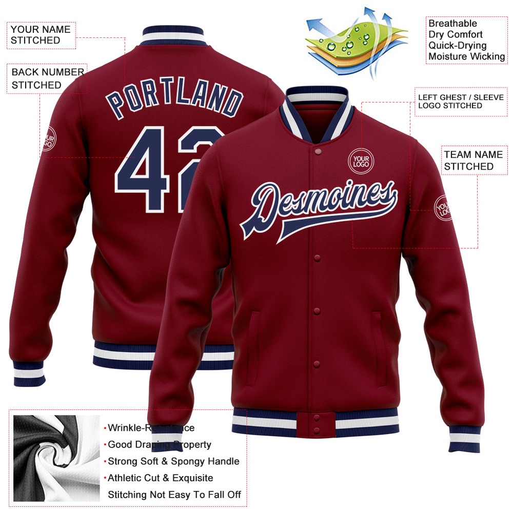 Custom Crimson Navy White Bomber Full Snap Baseball Jacket, Custom Team Jacket