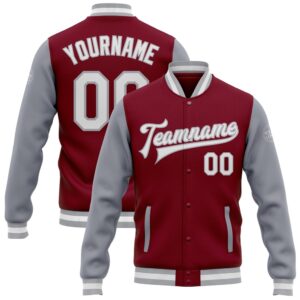Custom Crimson White Gray Bomber Full Snap&hellip;