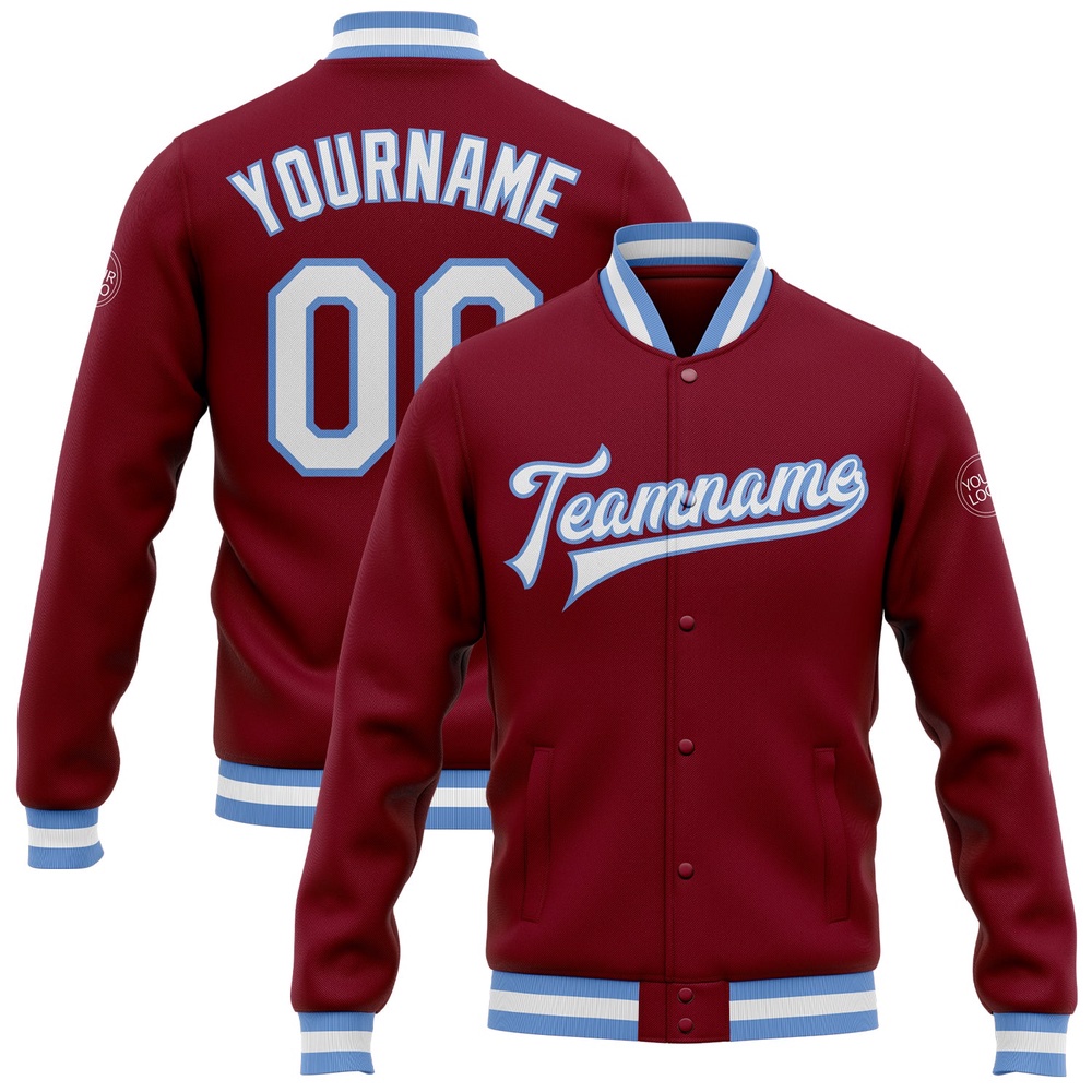 Custom Crimson White Light Blue Bomber Full Snap Baseball Jacket, Custom Team Jacket