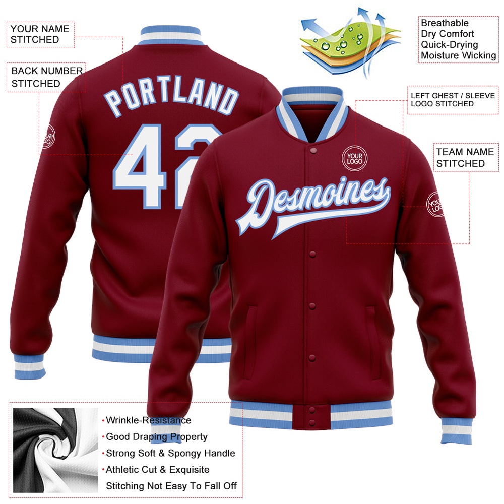 Custom Crimson White Light Blue Bomber Full Snap Baseball Jacket, Custom Team Jacket