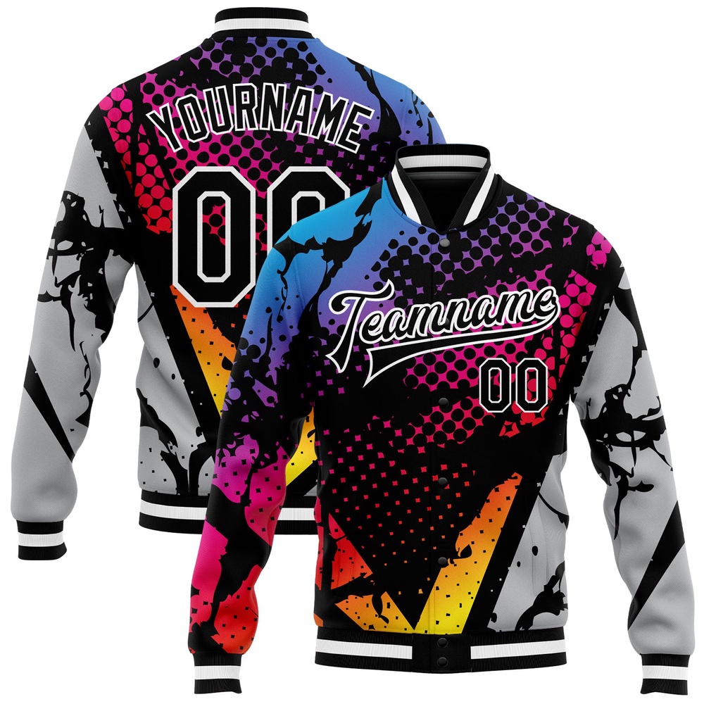Custom Figure Black Gray 3D Pattern Design Bomber Full Snap Baseball Jacket, Custom Team Jacket
