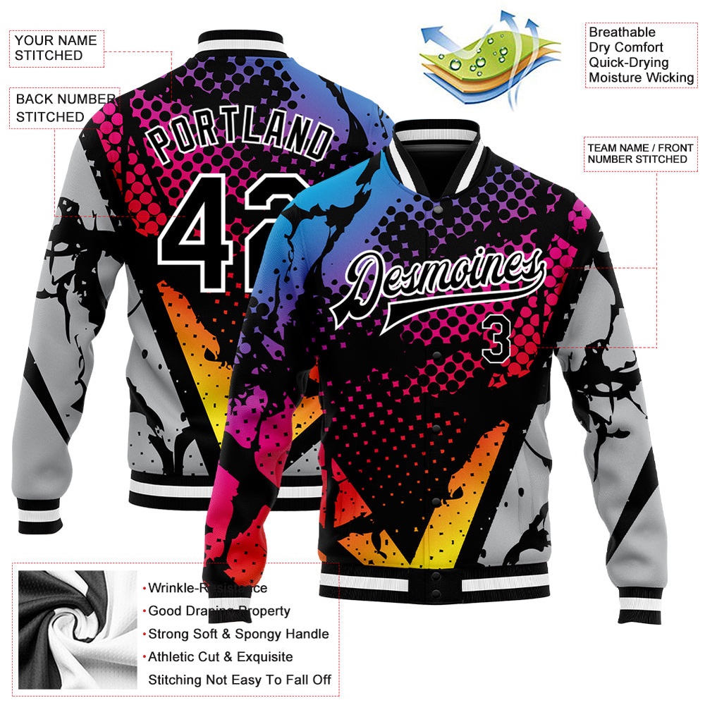 Custom Figure Black Gray 3D Pattern Design Bomber Full Snap Baseball Jacket, Custom Team Jacket