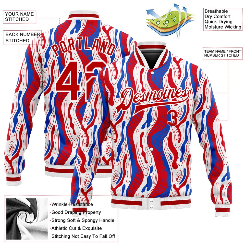 Custom Figure Red Royal 3D Pattern Design Bomber Full Snap Baseball Jacket, Custom Team Jacket