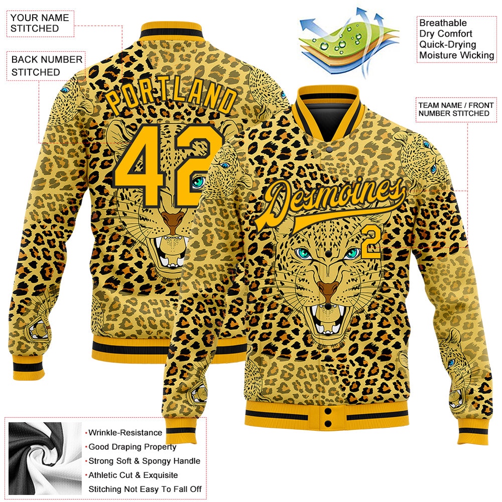 Custom Gold Black Leopard 3D Pattern Design Bomber Full Snap Baseball Jacket, Custom Team Jacket