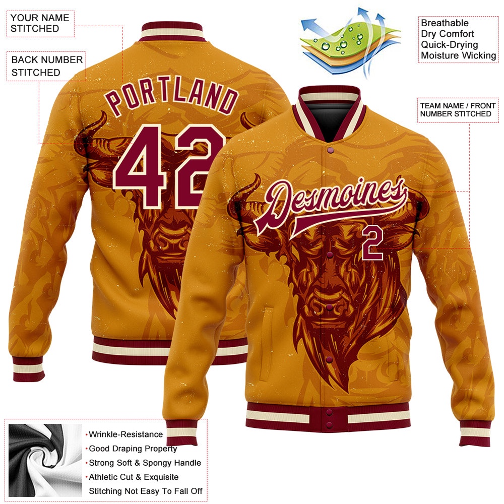 Custom Gold Maroon Cream Angry Bull 3D Pattern Design Bomber Full Snap Baseball Jacket, Custom Team Jacket