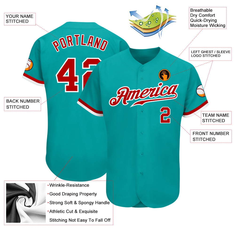 Aqua Red-White Authentic Baseball Jersey, Custom Baseball Jersey, Personalized Sport Jersey