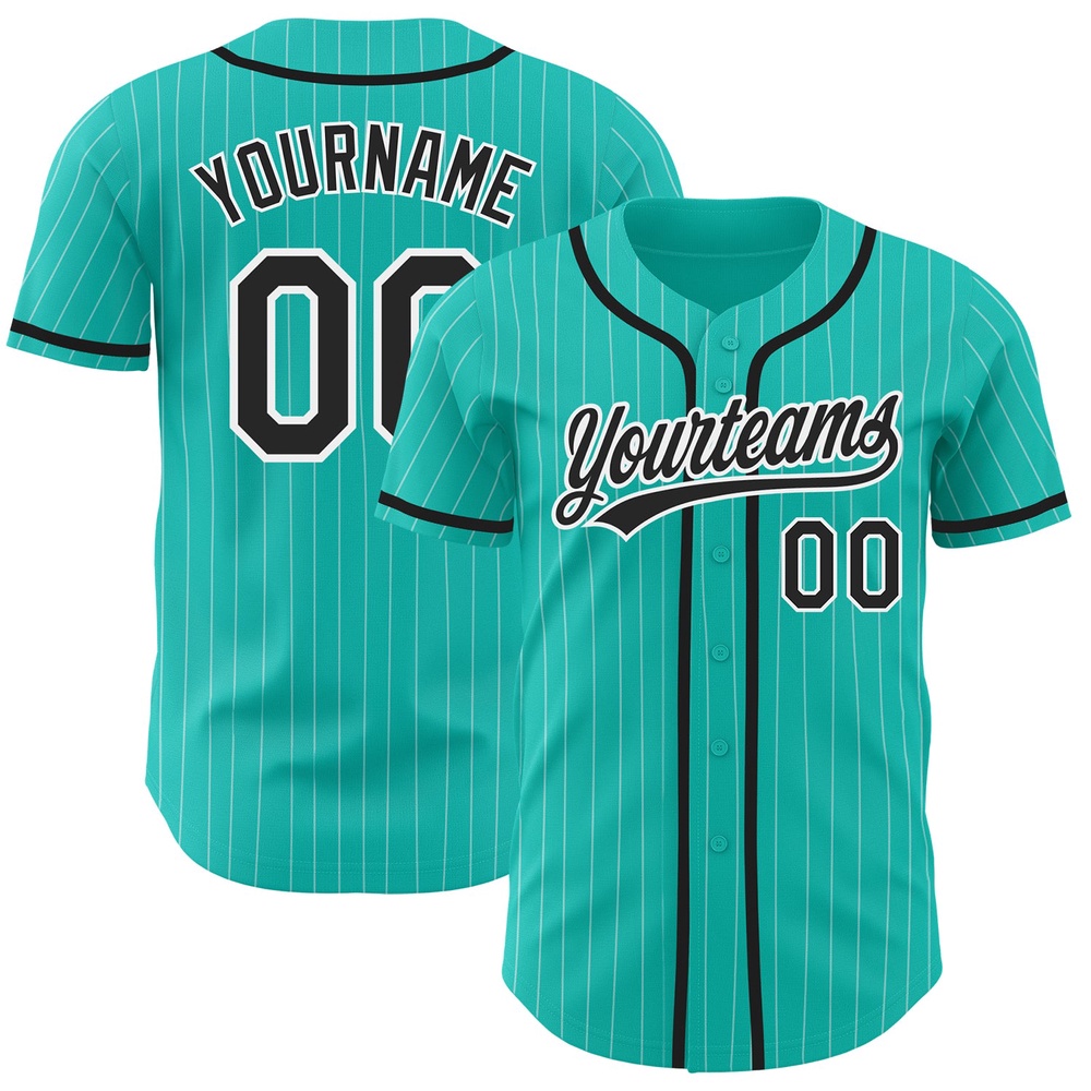 Aqua White Pinstripe Black Authentic Baseball Jersey, Custom Baseball Jersey, Personalized Sport Jersey