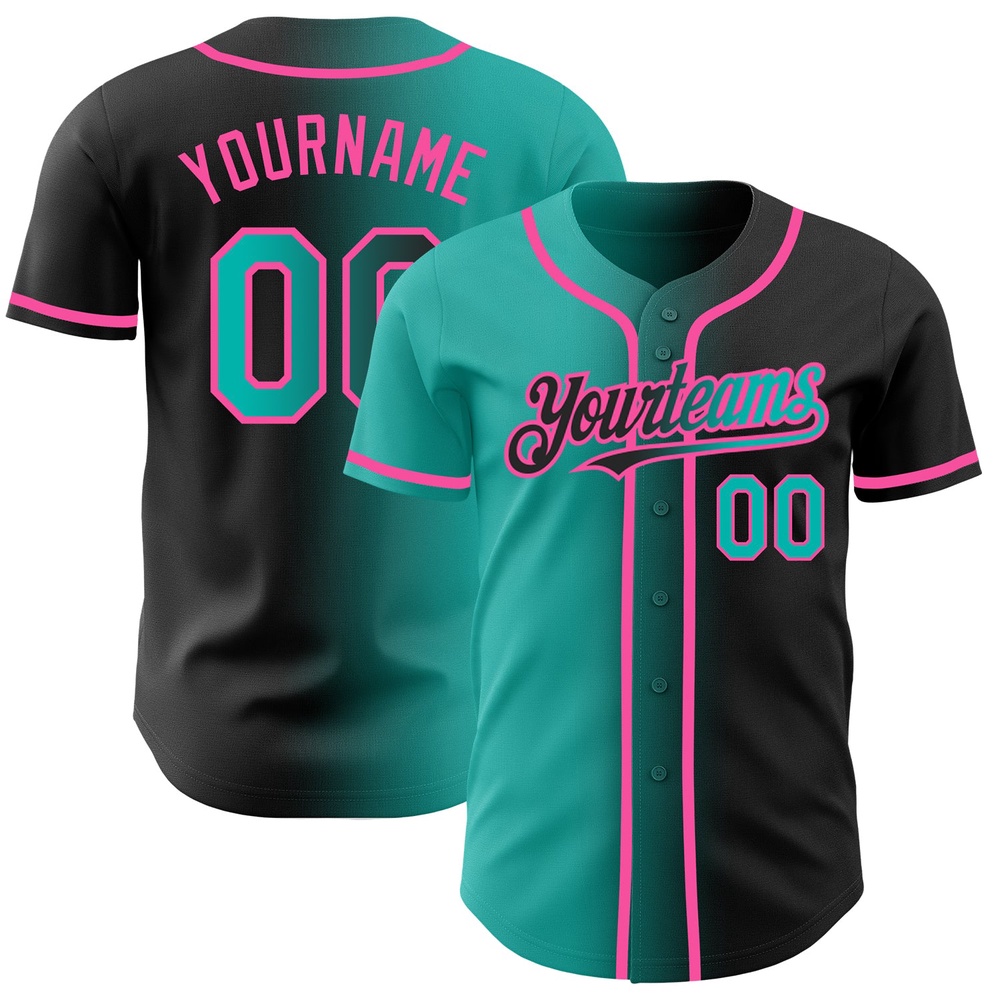 Black Aqua-Pink Authentic Gradient Fashion Baseball Jersey, Custom Baseball Jersey, Personalized Sport Jersey