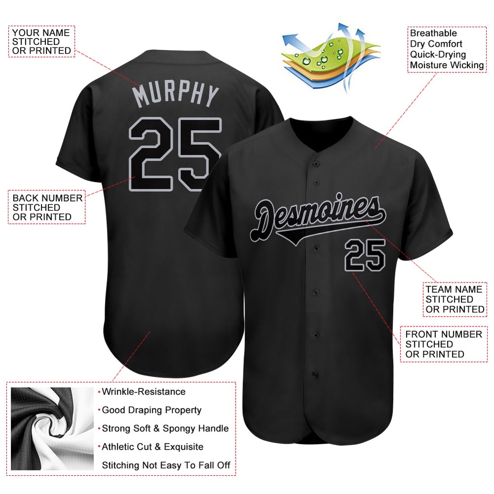 Black Black-Gray Authentic Baseball Jersey, Custom Baseball Jersey, Personalized Sport Jersey