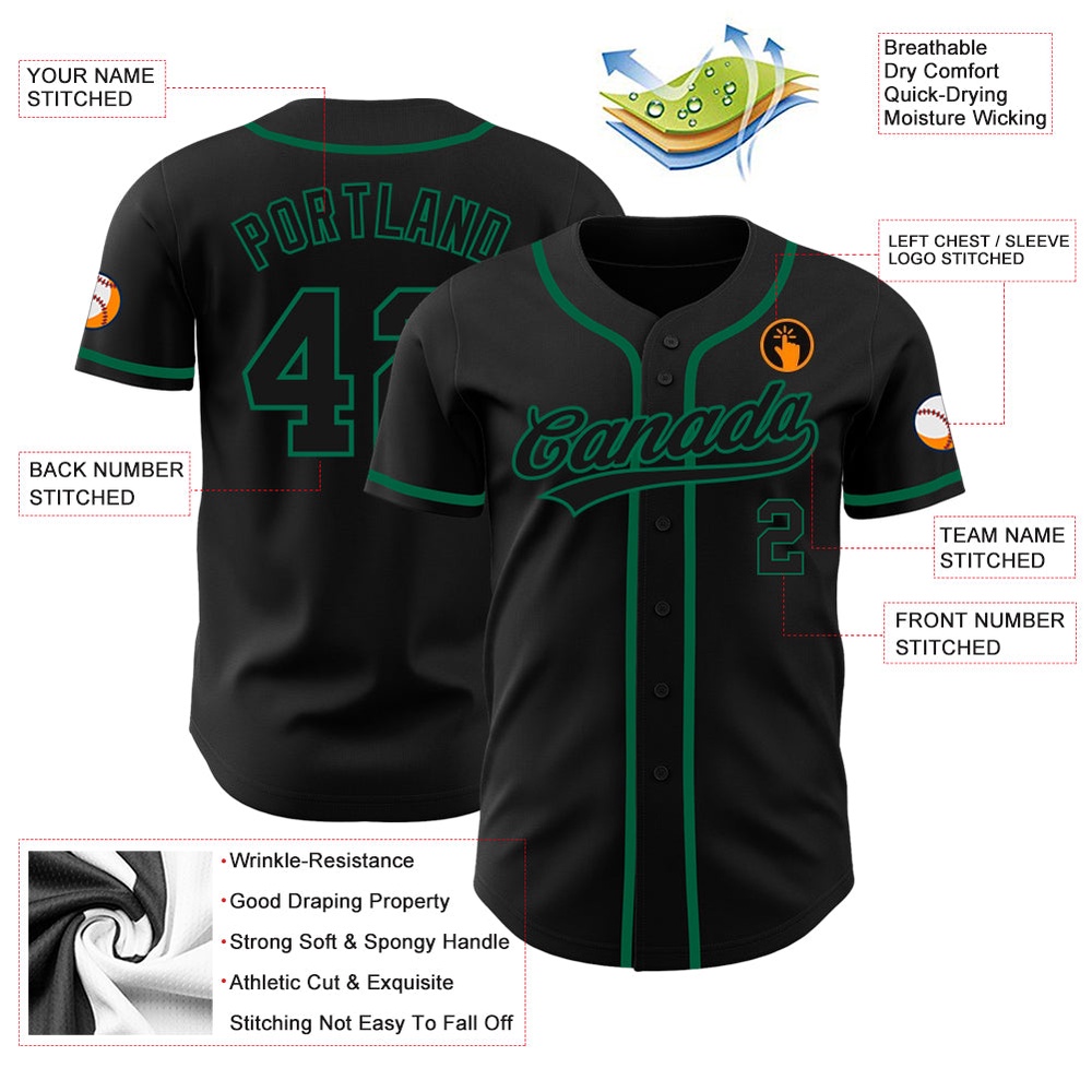 Black Black-Kelly Green Authentic Baseball Jersey, Custom Baseball Jersey, Personalized Sport Jersey