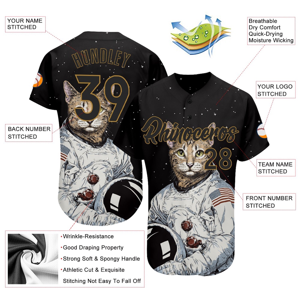 Black Black-Old Gold 3D Pattern Design Astronaut Authentic Baseball Jersey, Custom Baseball Jersey, Personalized Sport Jersey