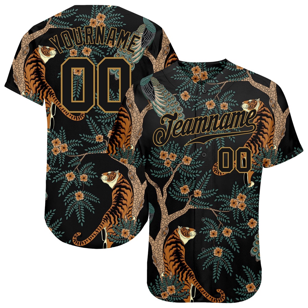 Black Black-Old Gold 3D Pattern Design Tiger And Peacock Authentic Baseball Jersey, Custom Baseball Jersey, Personalized Sport Jersey