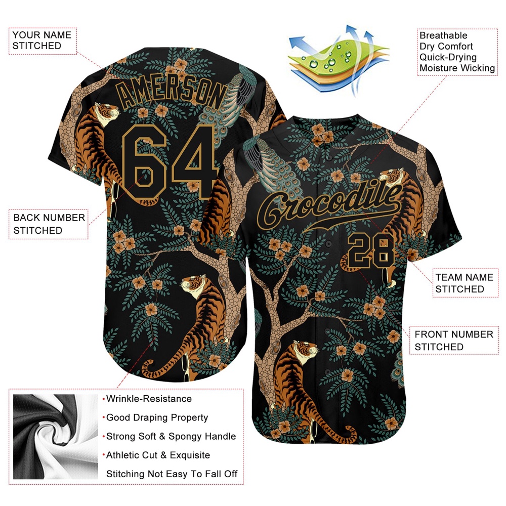 Black Black-Old Gold 3D Pattern Design Tiger And Peacock Authentic Baseball Jersey, Custom Baseball Jersey, Personalized Sport Jersey