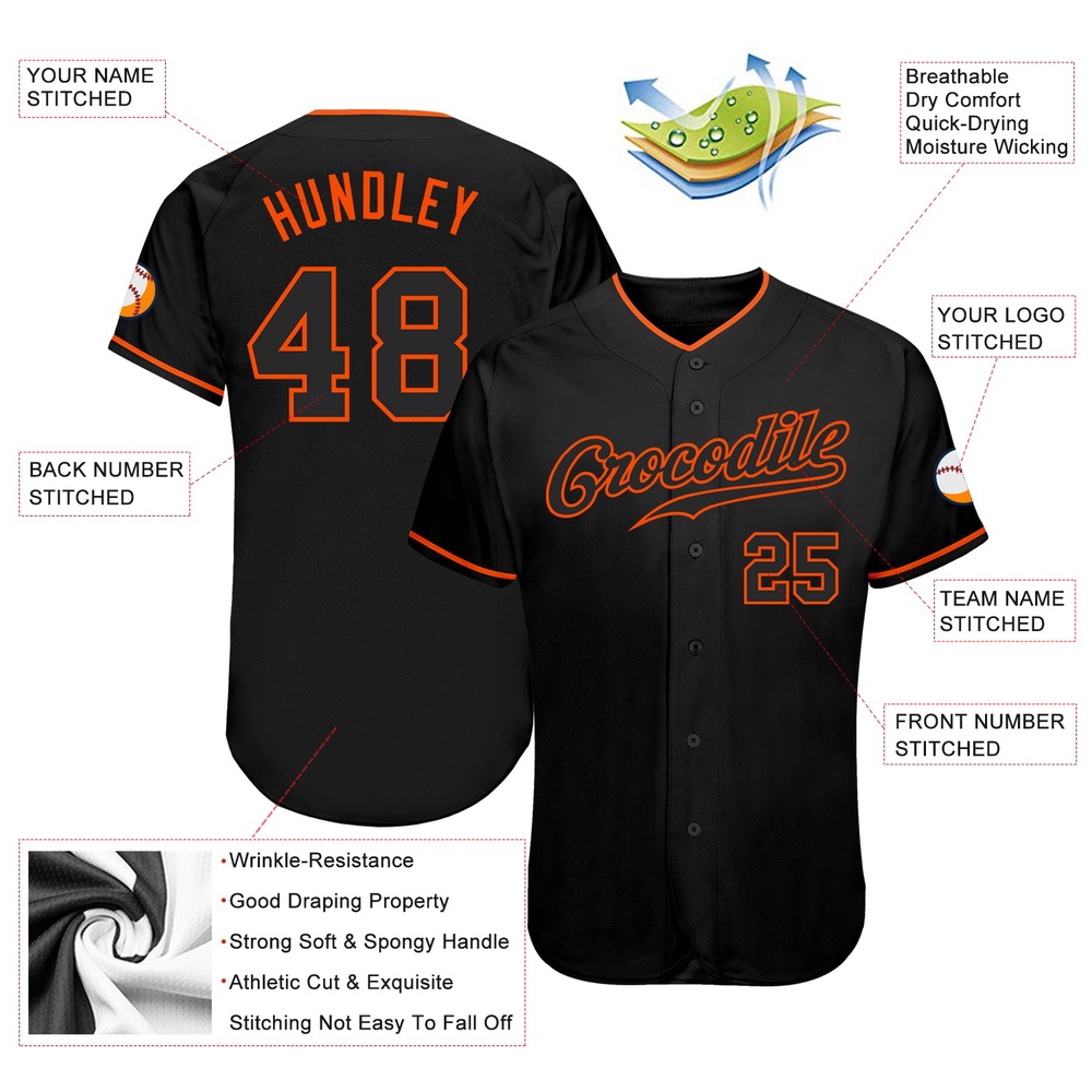 Black Black-Orange Authentic Baseball Jersey, Custom Baseball Jersey, Personalized Sport Jersey