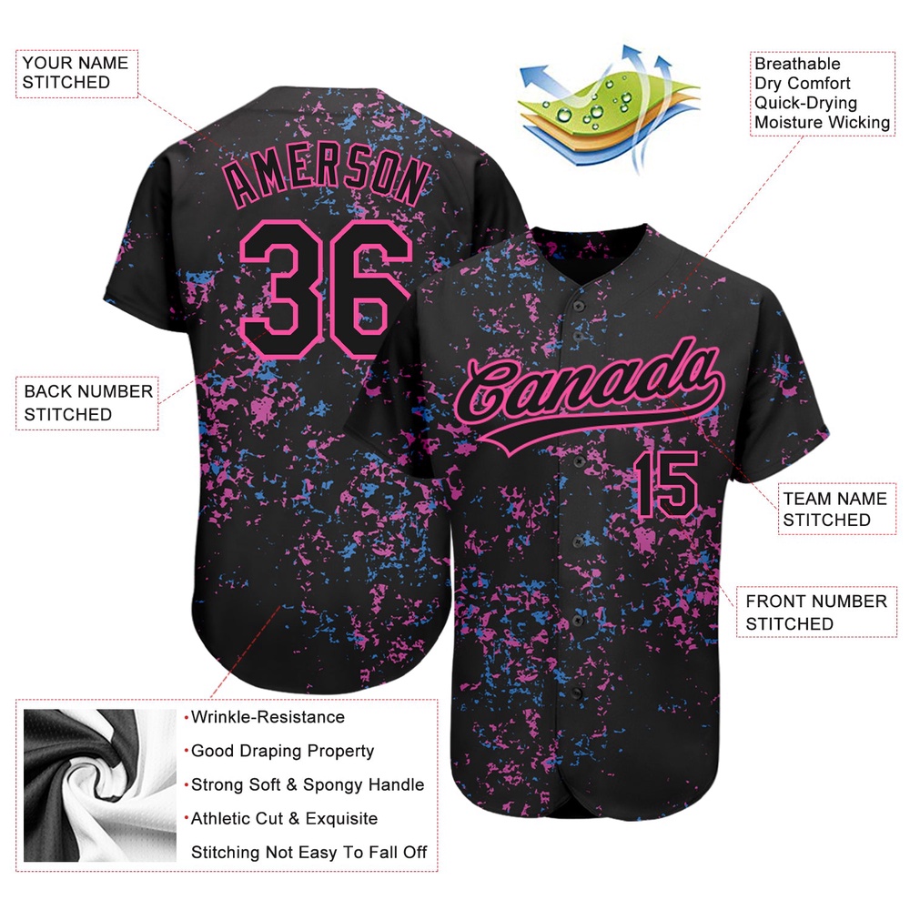 Black Black-Pink 3D Pattern Design Authentic Baseball Jersey, Custom Baseball Jersey, Personalized Sport Jersey