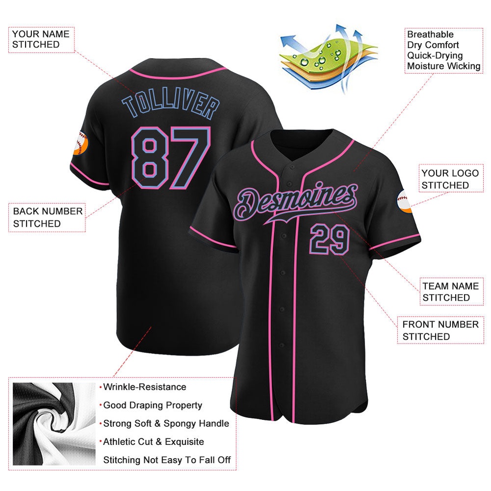 Black Black-Pink Authentic Baseball Jersey, Custom Baseball Jersey, Personalized Sport Jersey