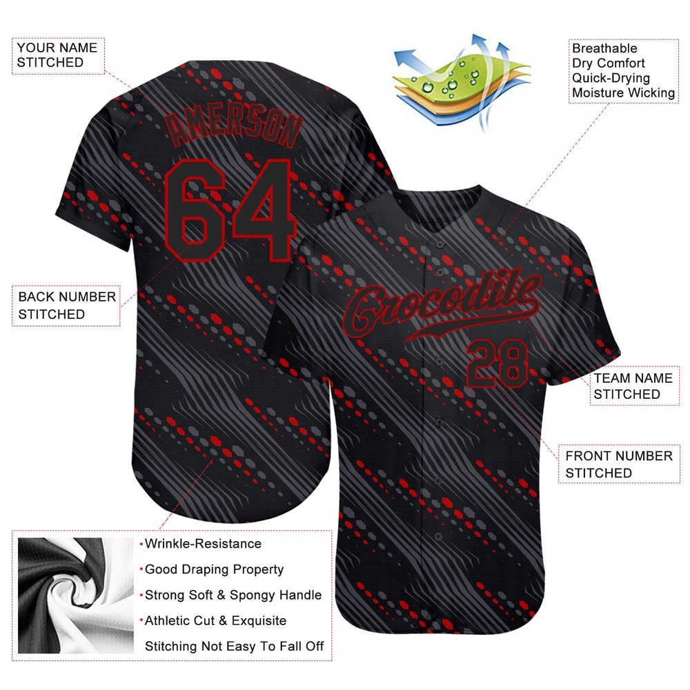 Black Black-Red 3D Pattern Design Authentic Baseball Jersey, Custom Baseball Jersey, Personalized Sport Jersey