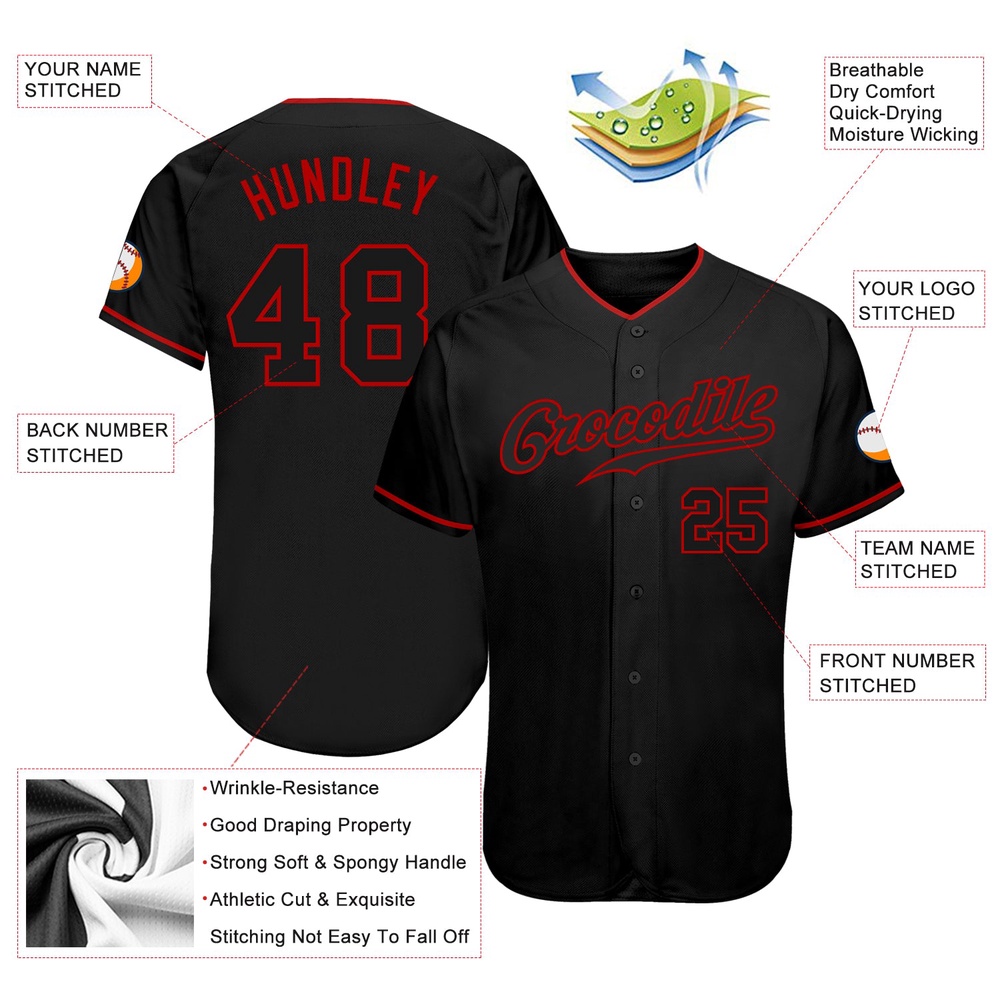 Black Black-Red Authentic Baseball Jersey, Custom Baseball Jersey, Personalized Sport Jersey