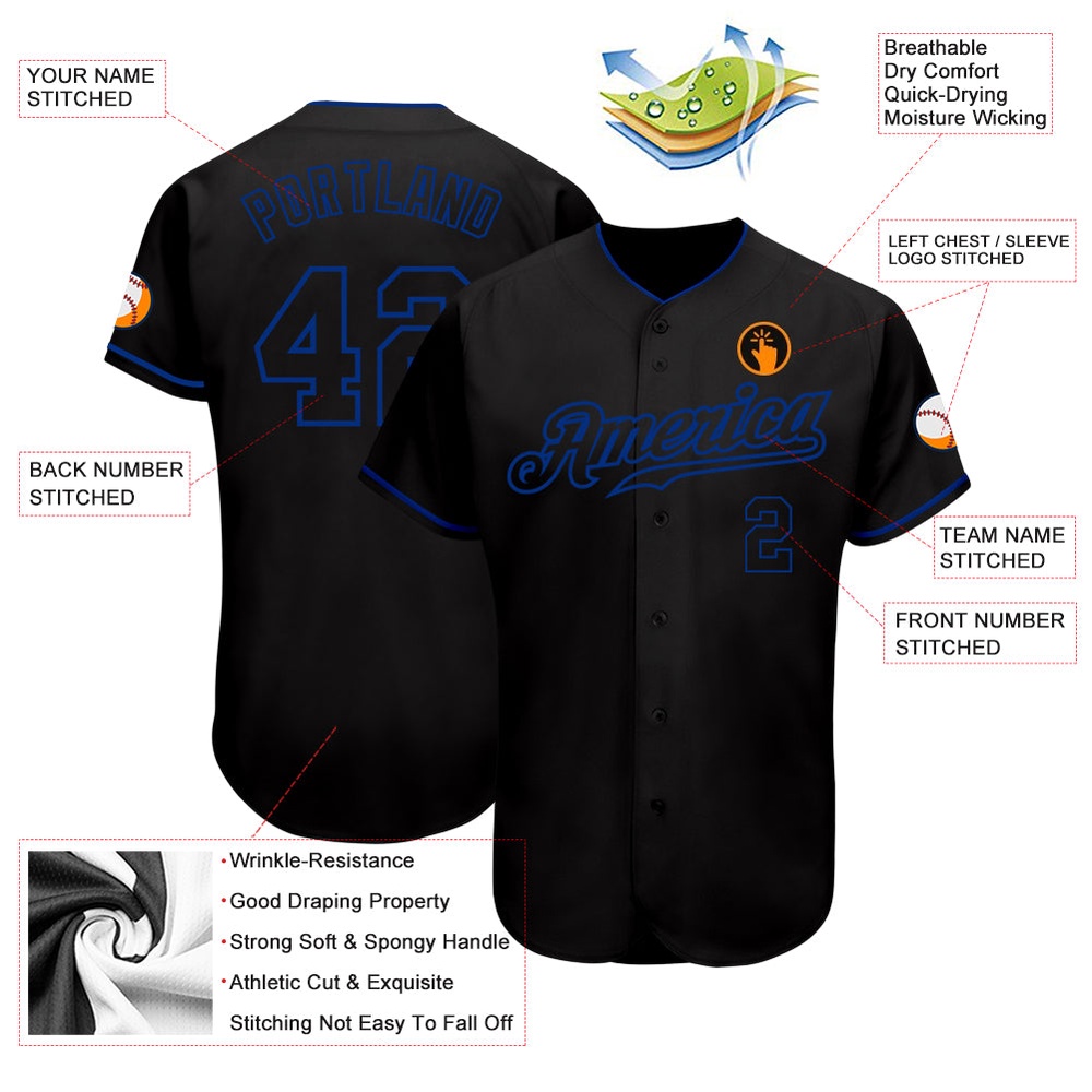 Black Black-Royal Authentic Baseball Jersey, Custom Baseball Jersey, Personalized Sport Jersey