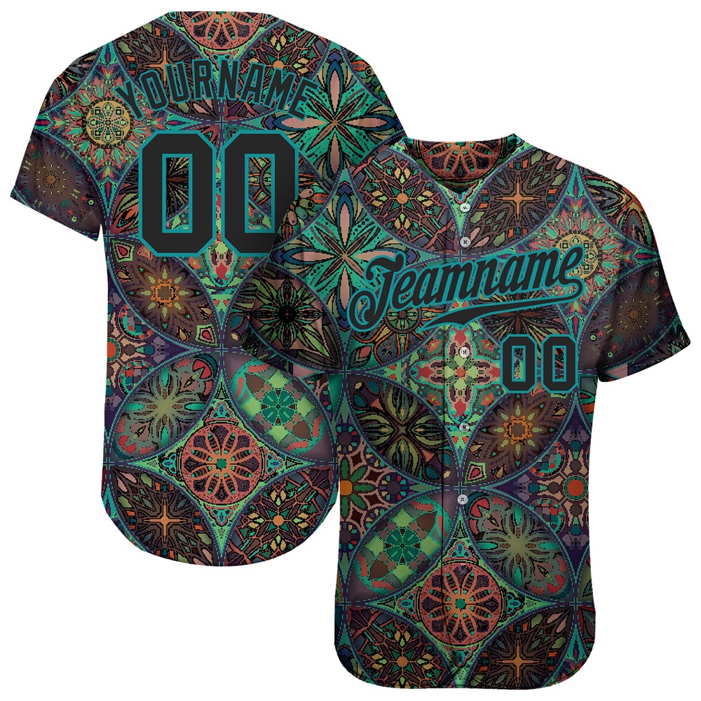 Black Black-Teal 3D Pattern Design Mandalas Authentic Baseball Jersey, Custom Baseball Jersey, Personalized Sport Jersey