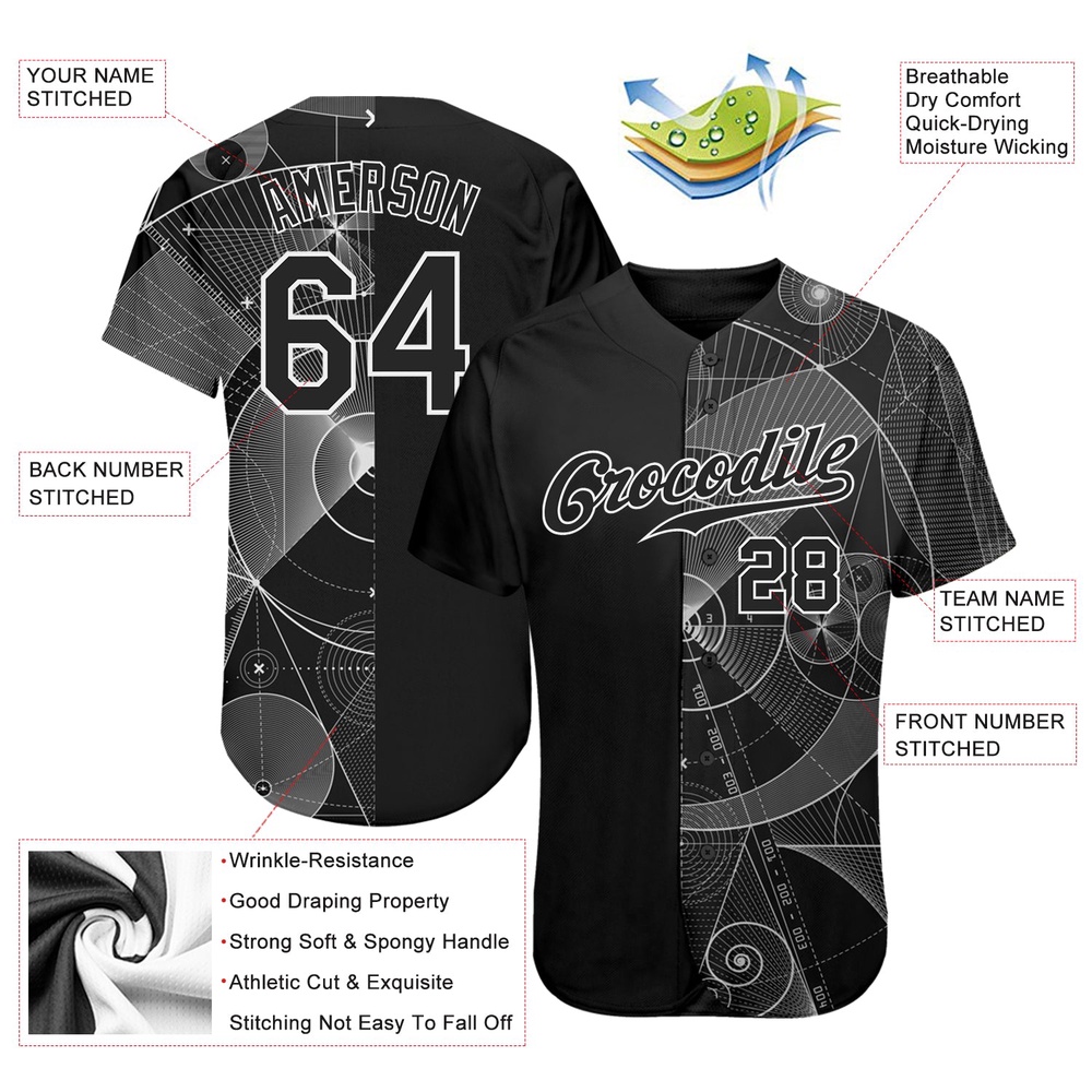 Black Black-White 3D Pattern Design Geometry Authentic Baseball Jersey, Custom Baseball Jersey, Personalized Sport Jersey