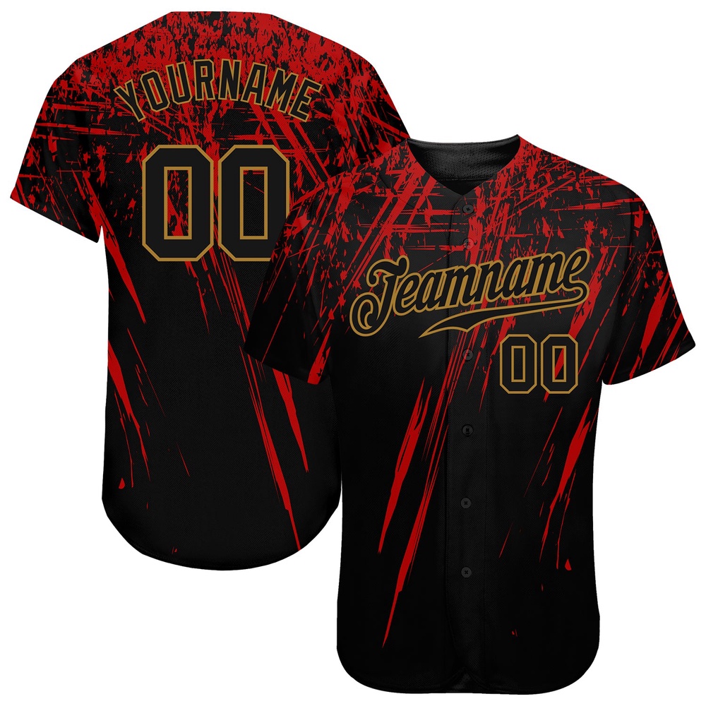 Black Black Red-Old Gold 3D Pattern Design Authentic Baseball Jersey, Custom Baseball Jersey, Personalized Sport Jersey