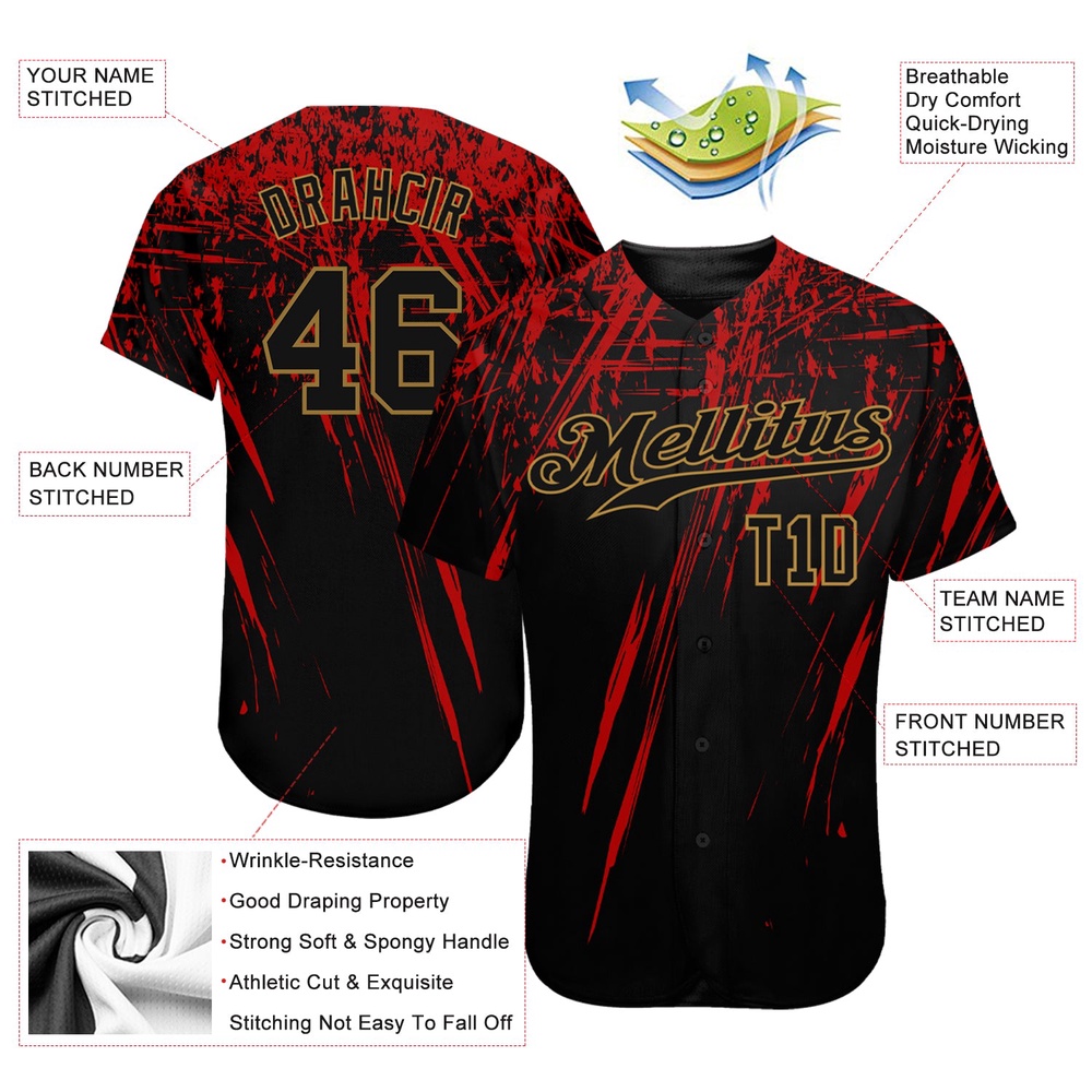 Black Black Red-Old Gold 3D Pattern Design Authentic Baseball Jersey, Custom Baseball Jersey, Personalized Sport Jersey
