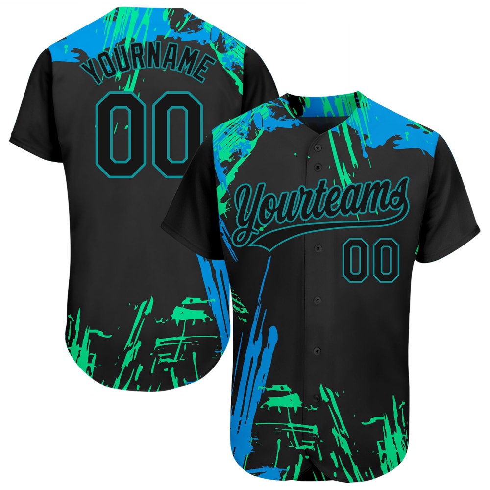 Black Black Teal-Light Blue 3D Pattern Design Authentic Baseball Jersey, Custom Baseball Jersey, Personalized Sport Jersey