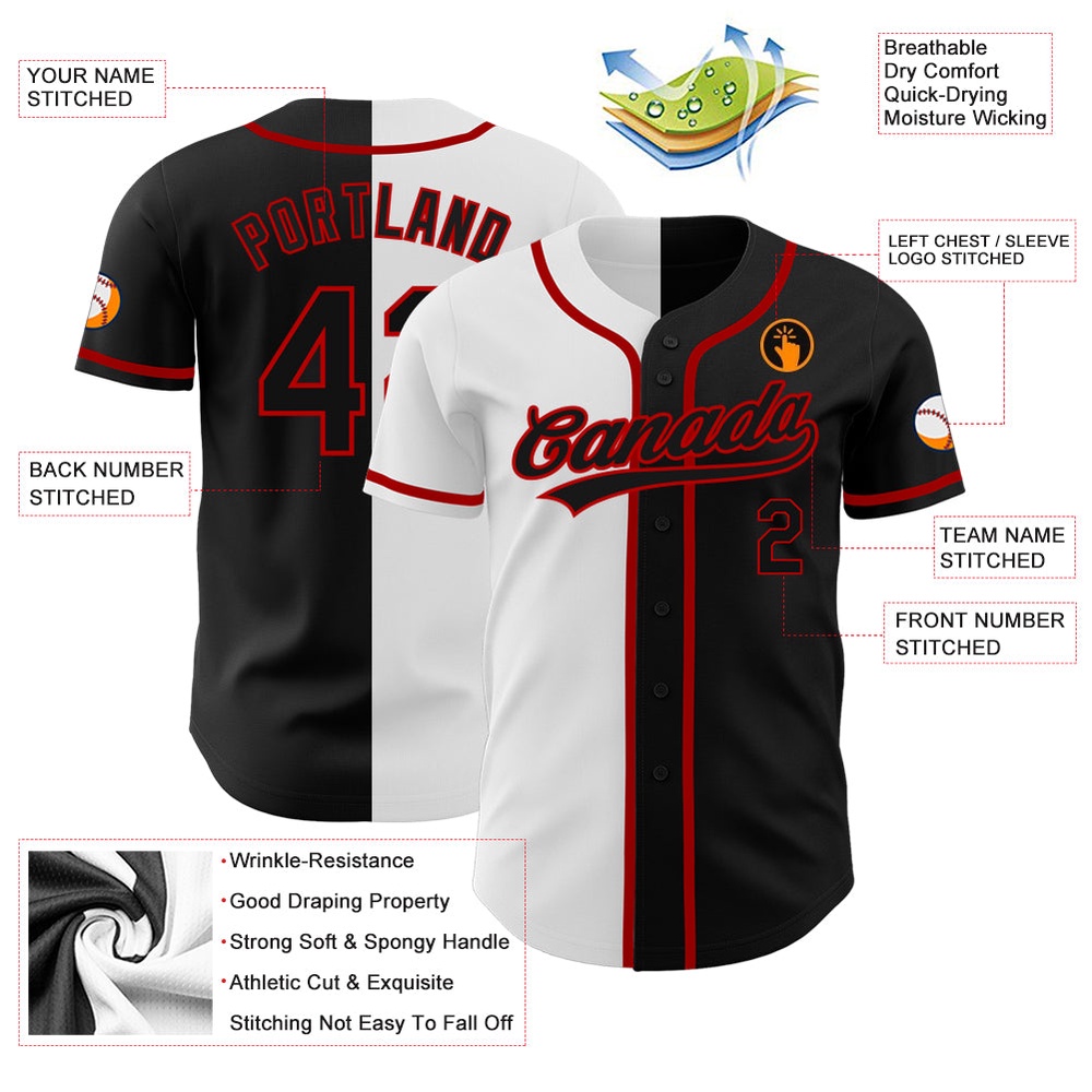 Black Black White-Red Authentic Split Fashion Baseball Jersey, Custom Baseball Jersey, Personalized Sport Jersey